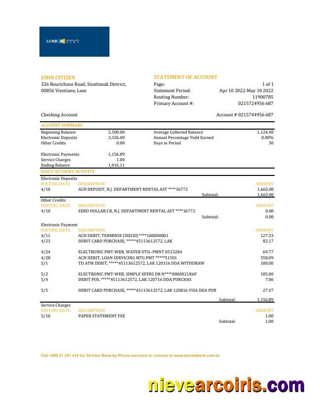 Laos LCNB Bank statement